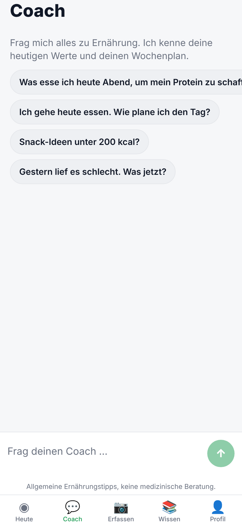 KI-Coach mit Vorschlägen wie Snack-Ideen unter 200 kcal