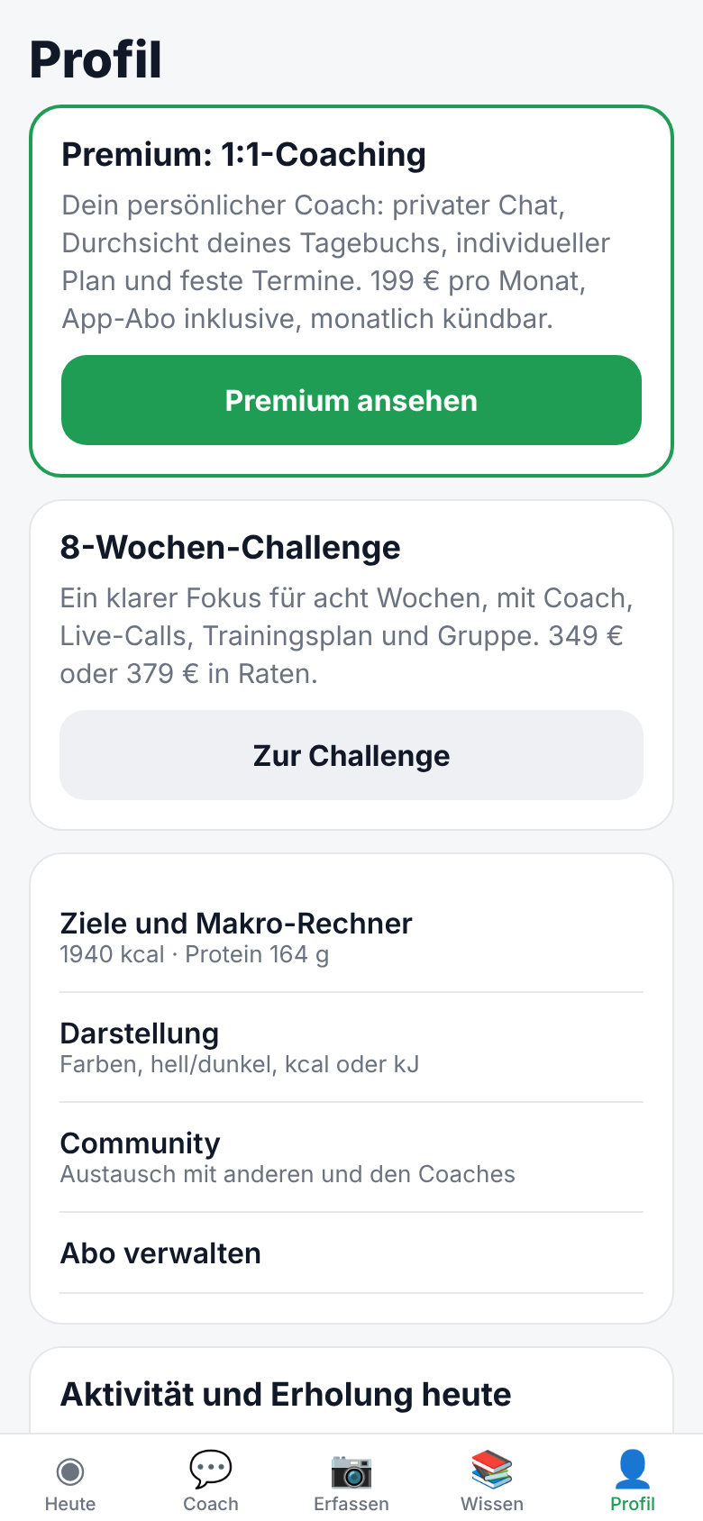 Profil-Bildschirm in Nutri mit der Premium-Karte für 1:1-Coaching