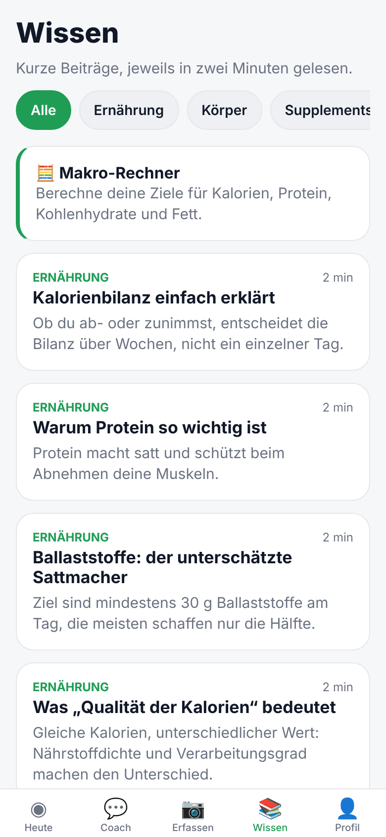 Wissensbereich in Nutri mit kurzen Lerneinheiten zu Ernährung